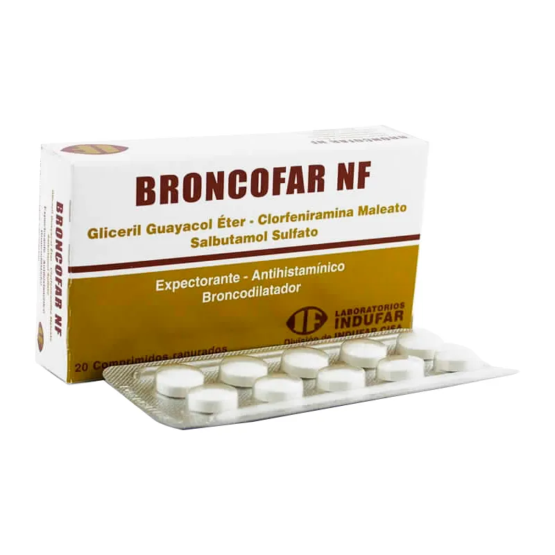Broncofar NF - Salbutamol Clorfeniramina Éter gliceril guayacol - Caja de 20 Comprimidos.