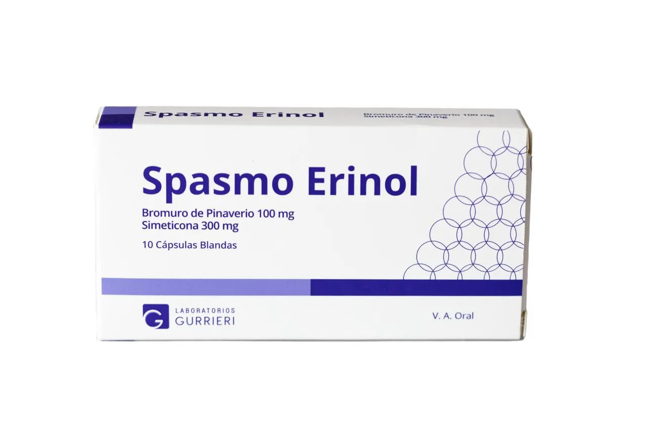 Spasmo Erinol Bromuro de Pinaverio 100 mg , Simeticona 300 mg - Cont.10 Capsulas