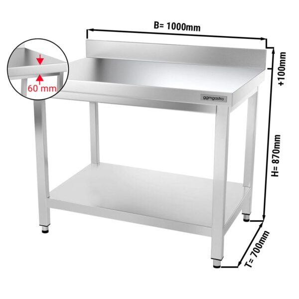 Mesa de trabajo de acero inox. PREMIUM 1,0 m - con zócalo y estante inferior