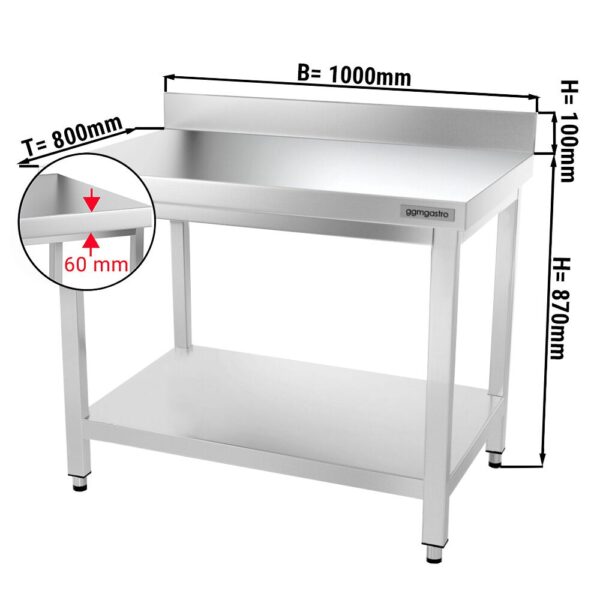 Mesa de trabajo de acero inox. PREMIUM - 1,0 m - con zócalo y estante inferior