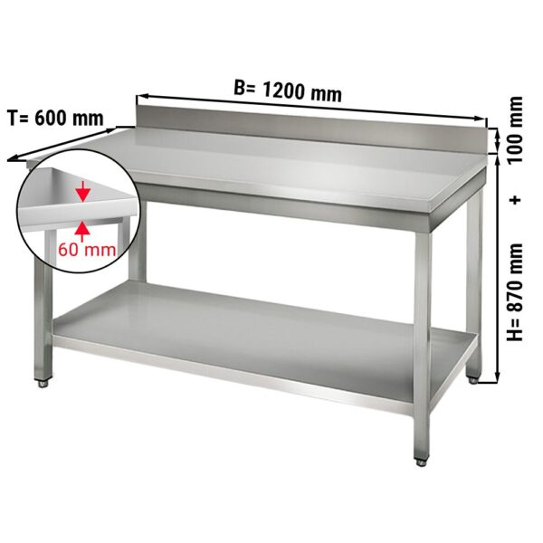 Mesa de trabajo de acero inox. ECO 1,2 m - con zócalo y con estante inferior