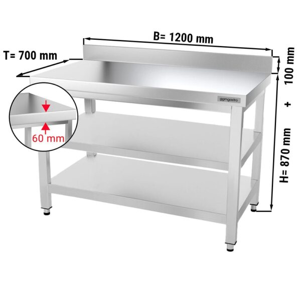 Mesa de trabajo de acero inox. PREMIUM - 1,2 m - con zócalo y dos estantes