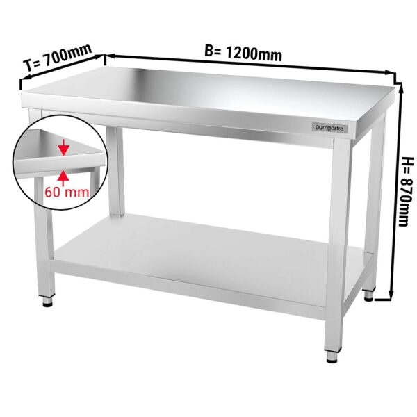 Mesa de trabajo de acero inox. PREMIUM 1,2 m - con estante inferior