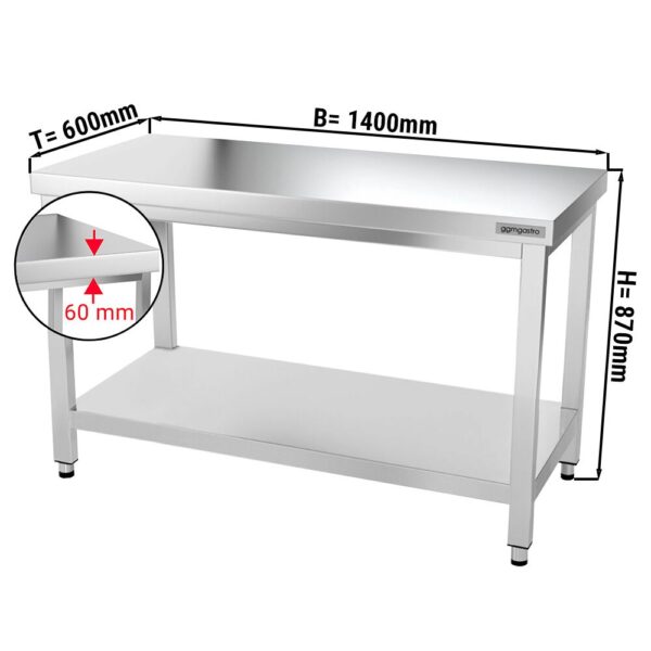 Mesa de trabajo de acero inox. PREMIUM 1,4 m - con estante inferior