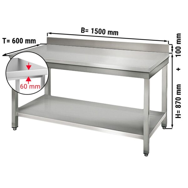 Mesa de trabajo de acero inox. ECO 1,5 m - con zócalo y estante inferior