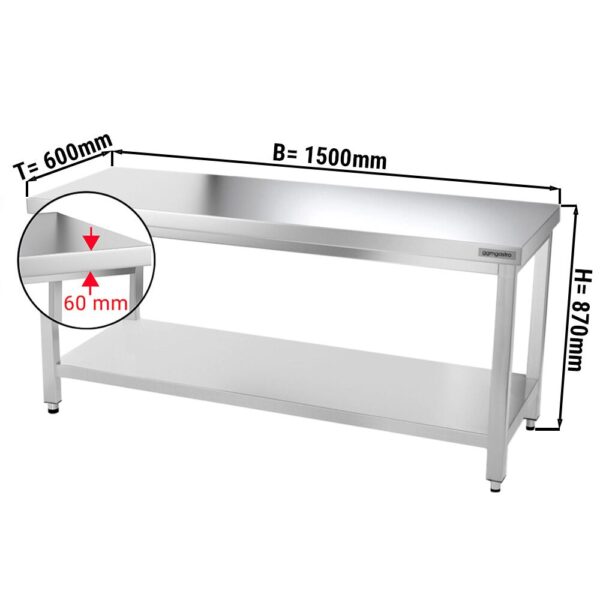 Mesa de trabajo de acero inox. PREMIUM - 1,5 m - con estante inferior