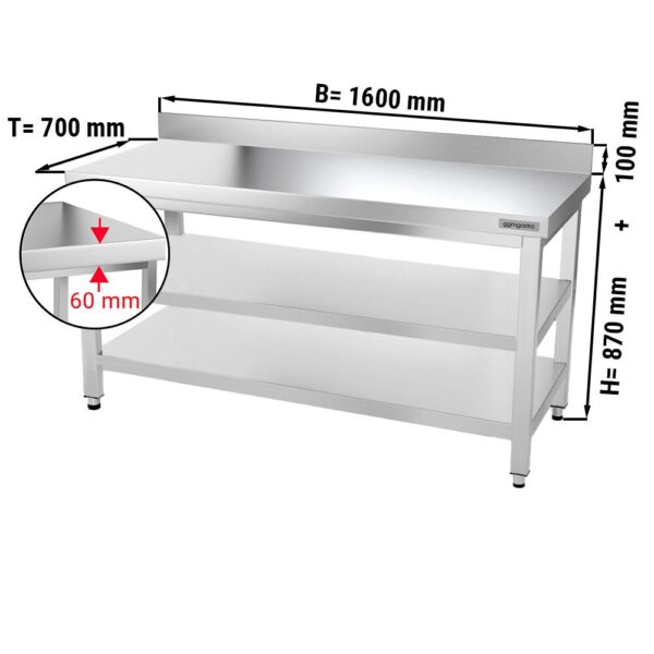 Mesa de trabajo de acero inox. PREMIUM - 1,6 m - con zócalo y dos estantes