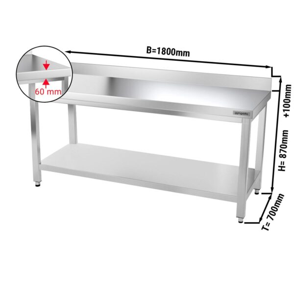 Mesa de trabajo de acero inox. PREMIUM 1,8 m - con zócalo y estante inferior