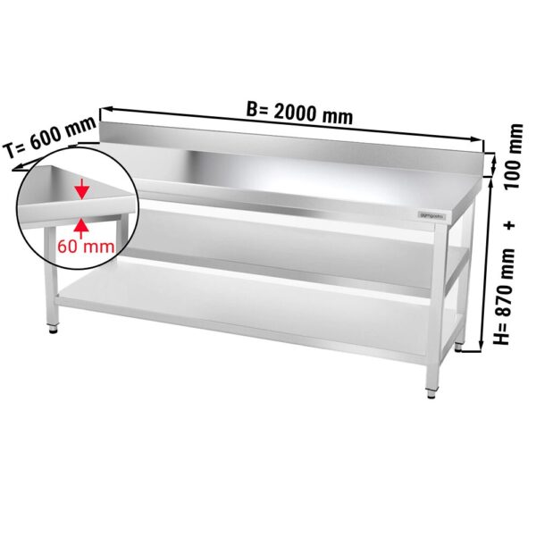Mesa de trabajo de acero inox. PREMIUM - 2,0 m - con zócalo y dos estantes