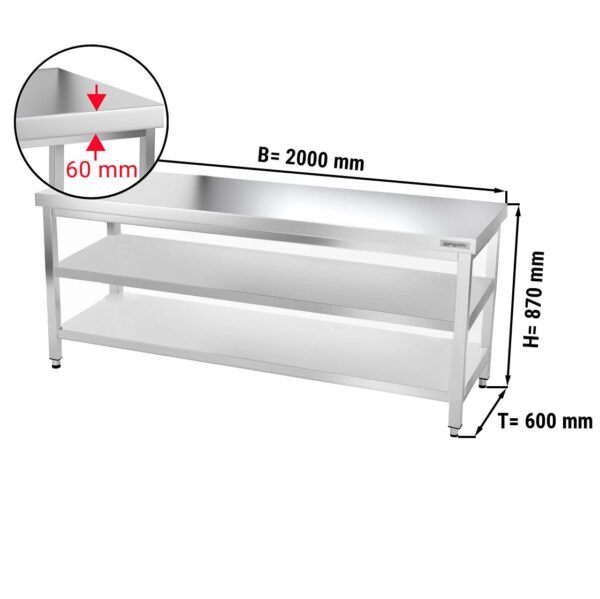 Mesa de trabajo de acero inox. PREMIUM - 2,0 m - con dos estantes