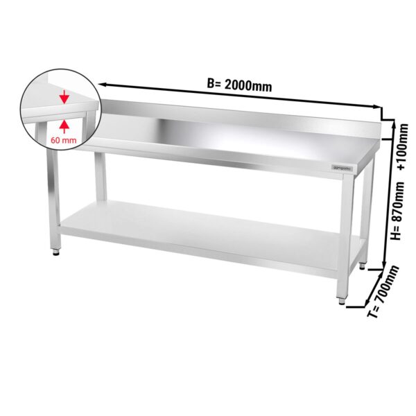 Mesa de trabajo de acero inox. PREMIUM 2,0 m - con zócalo y estante inferior