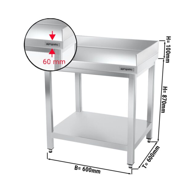 Mesa de trabajo de esquina de acero inox. PREMIUM - 0,6 m - con zócalo y estante inferior