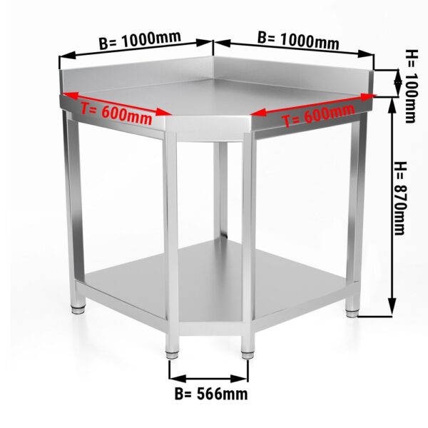 Mesa de trabajo de esquina de acero Inox. - 1,0 x 0,6 m - con zócalo y estante inferior