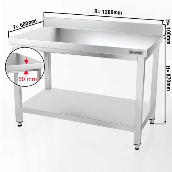 Mesa de trabajo de acero inox. PREMIUM 1,2 m - con zócalo y estante inferior